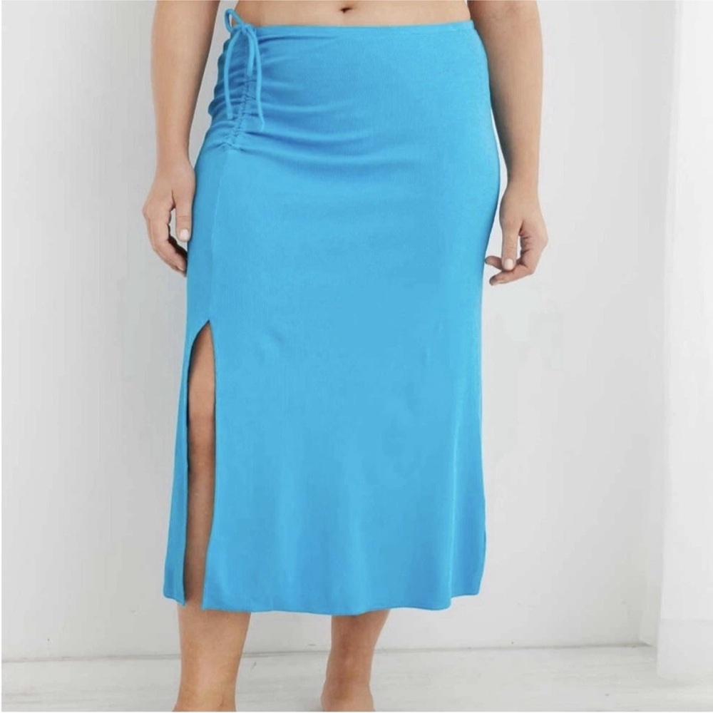 Aerie Beach Walk Midi Skirt Blue Ribbed Knit Ruched Swim Vacation Size XL NWT